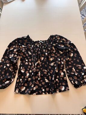Off-Shoulder Black Printed Blouse with Brown & Cream Spots
